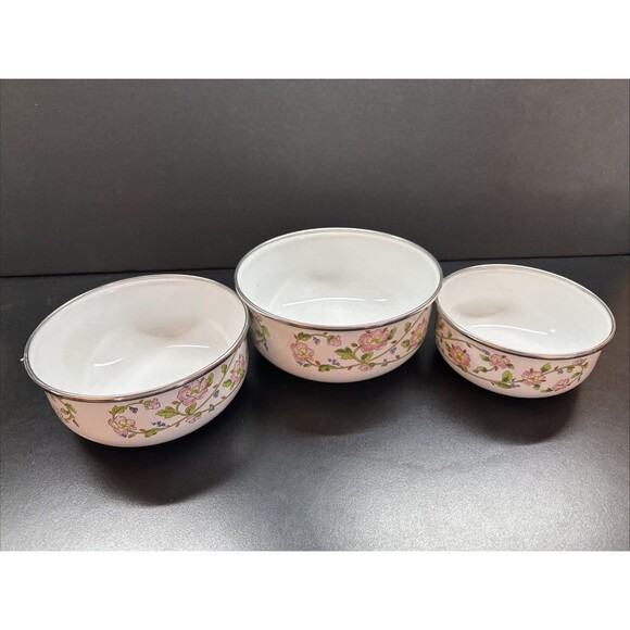 Kobe Kitchen  Enamel (3) Mixing Nesting Bowls Floral Vtg Pattern No Lids - Picture 1 of 5